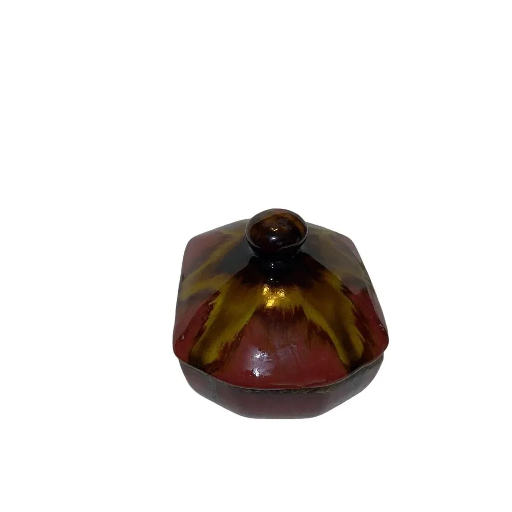 Drip Glazed Pottery Bowl Large 9.5x4 Brown Trinket Jewelry Holder‎ Ribbed & Lid